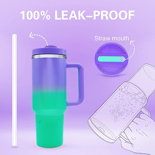 Miniatura 5 de Vaso de 40 onzas con asa y tapa con pajilla, taza de viaje aislada al vacío de doble pared de acero inoxidable con funda de silicona, taza de