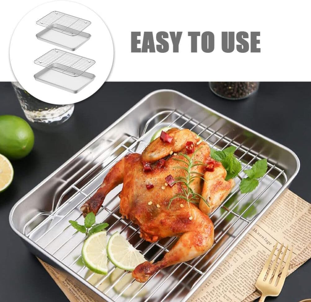 Kichvoe 2sets Stainless Steel Baking Pan with Wire Rack Baking Tray and Cooling Rack for Oven Cooking for Cookies Cakes and Bread and Easy to Store