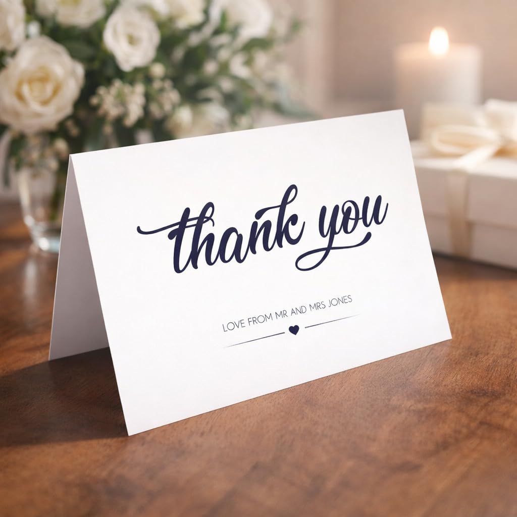 50 Personalised Thank You Cards | Folding Cards | Modern White & Black Design | Suitable for Any Occasion | Blank Inside