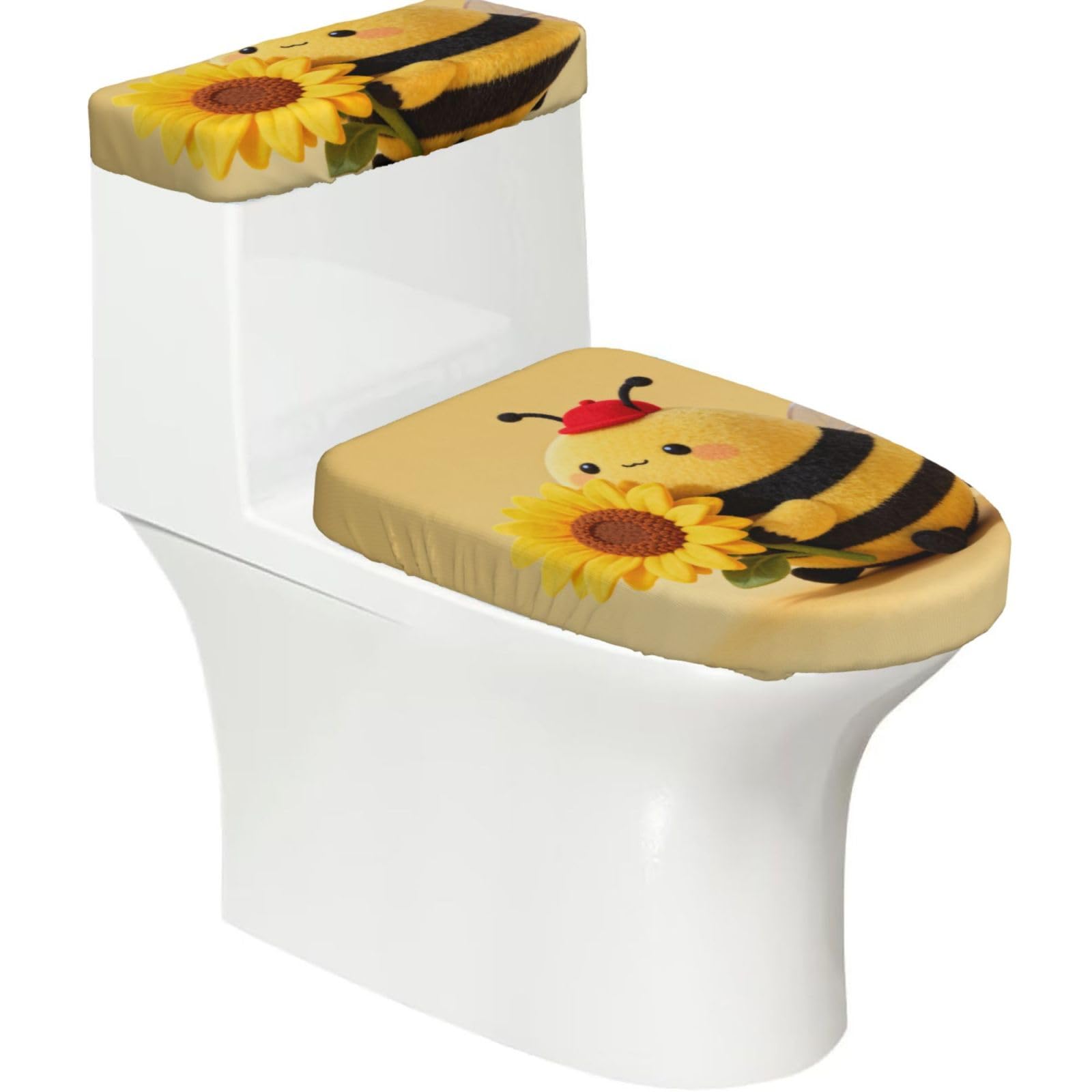 Cntdbu Black Cute Bee Stretchy Toilet Lid And Tank Cover Set-Soft Elastic Bathroom Decor For U Shape Oval