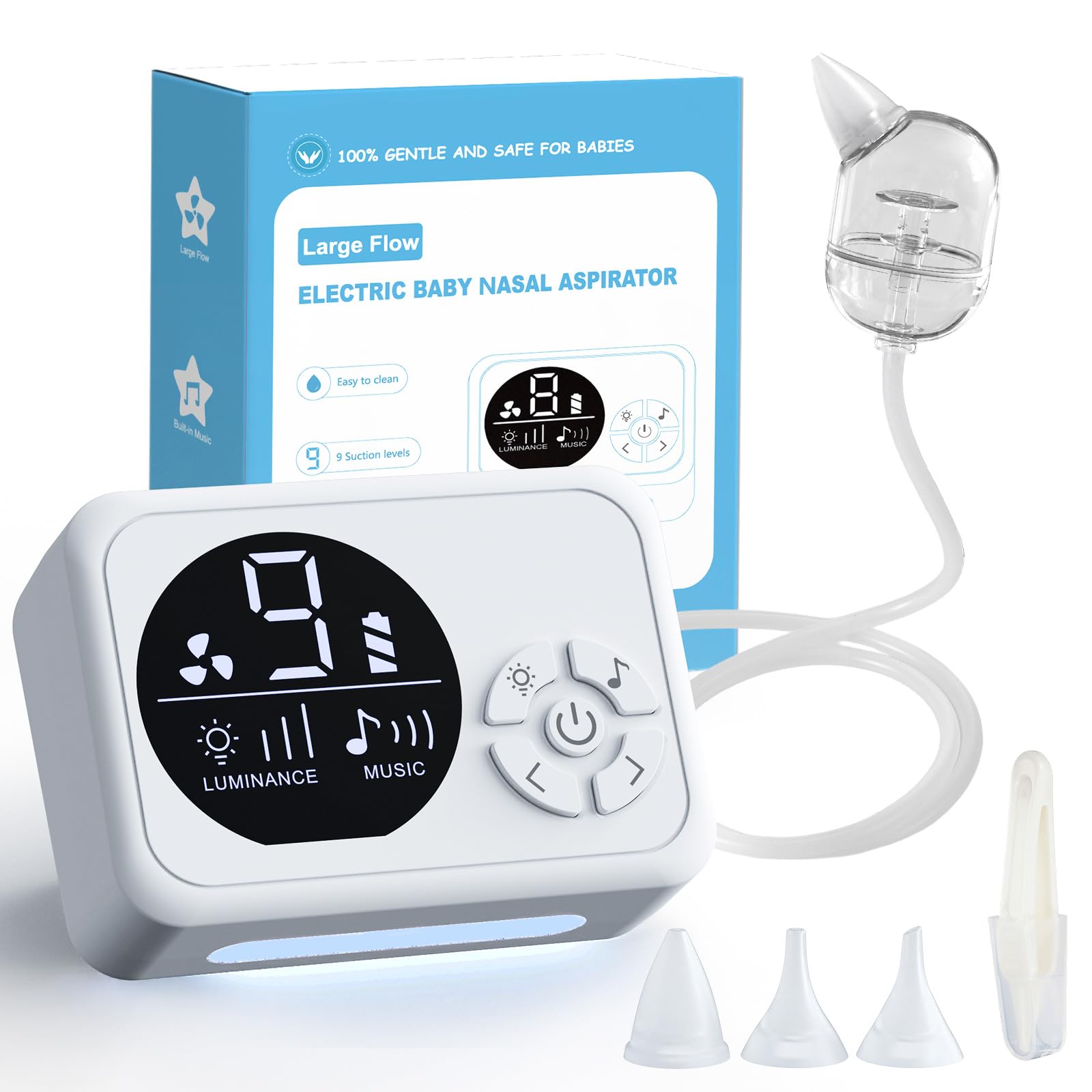 Baby Nose Cleaner mit 9 Saugstärken, 3 Größen Silikon Tipps, Nachtlicht & 10 Beruhigender Musik