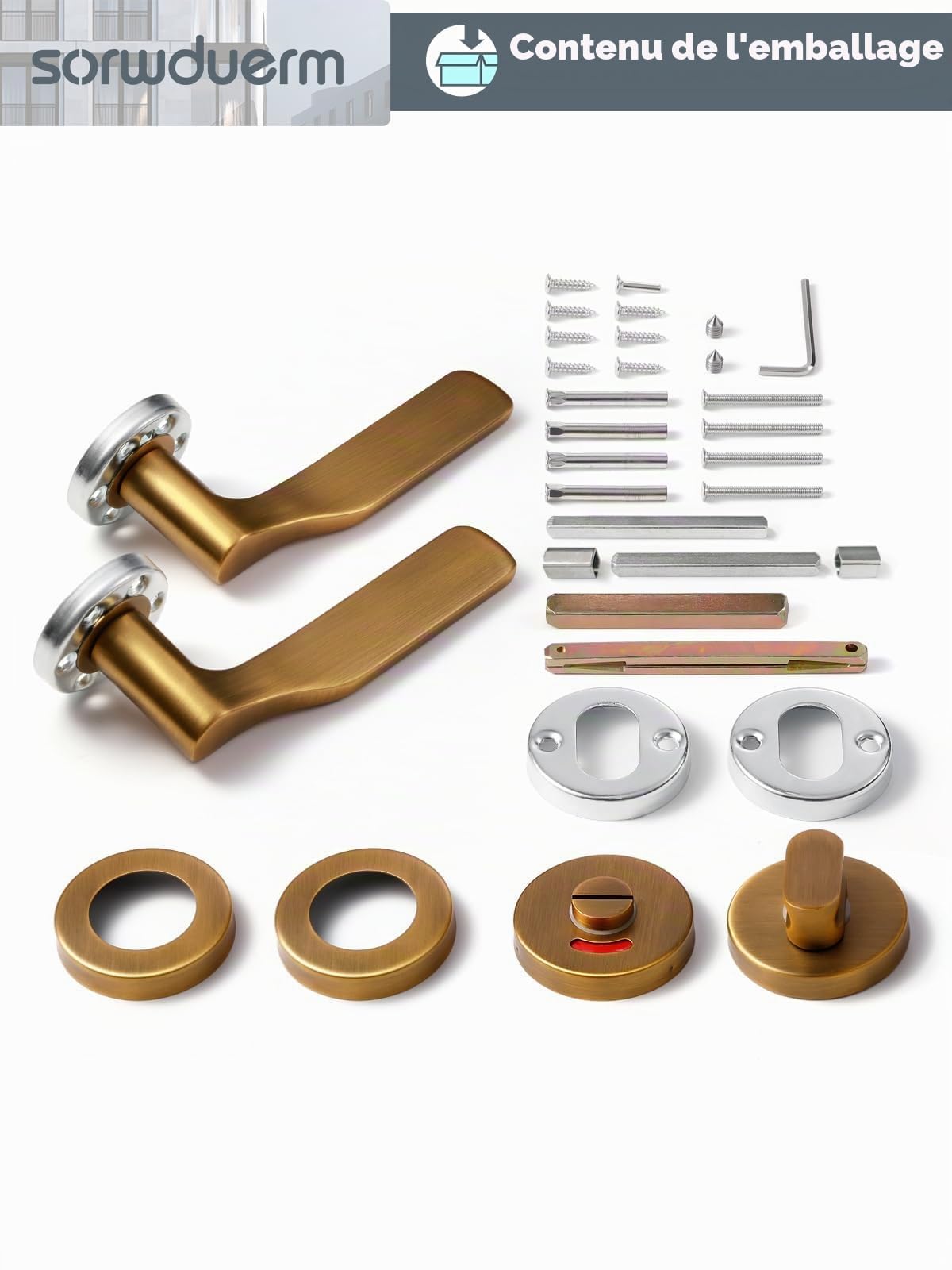Poignée de porte en laiton antique,garniture de poignée,acier inoxydable brossé mat,ensemble de poignées pour porte d'entrée et porte intérieure,forme en L, rosace ronde,WC