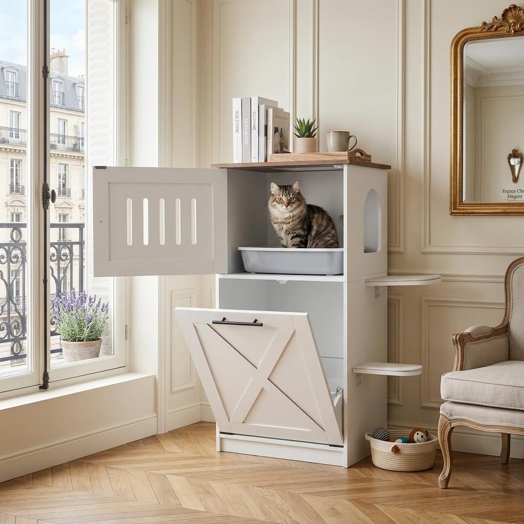 GOPLUS Armario para Gatos, Casa de Arenero para Mascotas con 2 Plataformas con Almohadillas Rascadoras, Gabinete con Puerta Abatible, Kit Antivuelco, Mueble Arenero Gatos Moderno