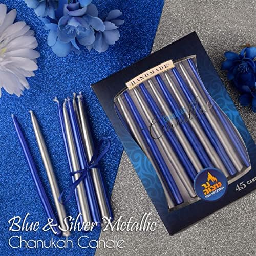 Dripless Chanukah Candles Standard Size - Metallic Blue & Silver Hanukkah Candles Fits Most Menorahs - Premium Quality Wax - 45 Count for All 8 Nights of Hanukkah - by Ner Mitzvah