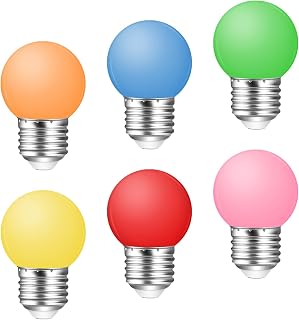 Poinivo 1W Colored LED Light Bulbs,E26 G45/G14 1W LED Light Bulbs,Globe Small Light Bulbs,Red,Green,Yellow,Blue,Orange,Pink,5W Equivalent,for Christmas Party Bar Decoration,Non-dimmable,6 Pack