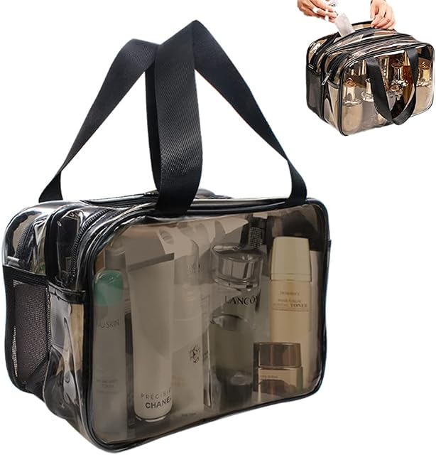 Clear Travel Toiletry Makeup Bag with Handles 2 Zippered Sections, Large Thickened Transparent Waterproof & Draining Make Up Cosmetic Bags for Women Men Traveling Portable Durable