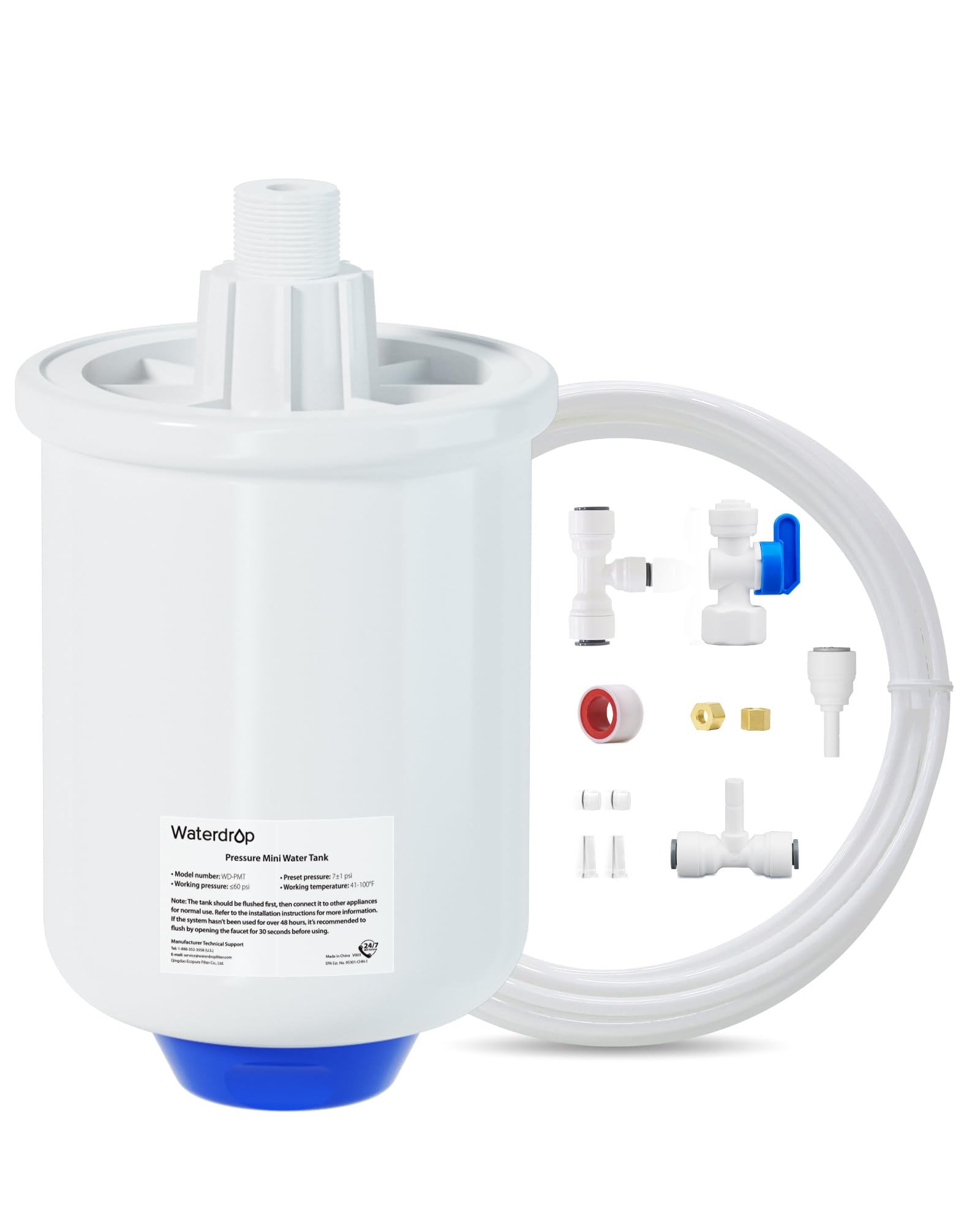 Waterdrop PMT Pressure Mini Water Tank for G3, G2, G2P600, D6, D4, 0.26-Gallon Pressurized Storage Water Tank for Tankless Reverse Osmosis System PD400,PD500,PD600,PX500,PX500-A with 1/4" Water Tubing