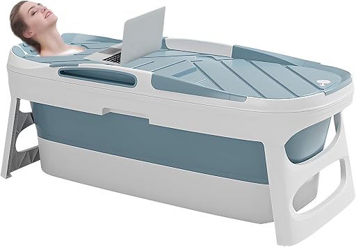 Warmiehomy Portable Foldable Bathtub Adult, 113cm Plastic Folding Bathtub | Free Standing Soaking & Ice Bath, Massage Sweat Steaming Bathtub with Lid, Family Soaking Bath Tub for Adults Children, Blue.