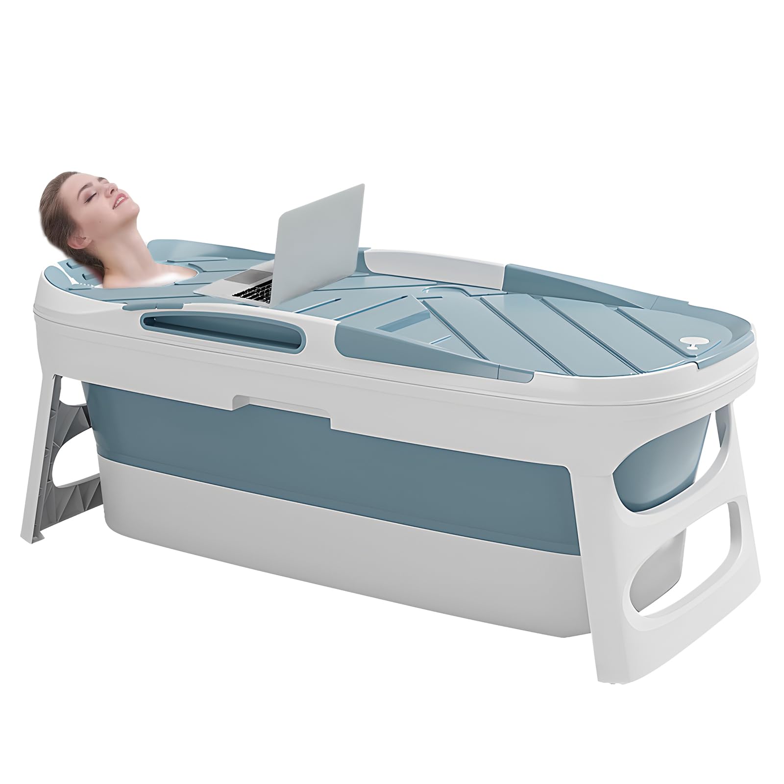 Warmiehomy Folding Bathtub, Portable Bathtub Adults, Plastic Folding Thicken Bathtub, Foldable Sweat Steaming Bathtubs with Lid, Family Soaking Bath Tub for Adults Children, 113x63x54cm Blue