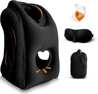 Inflatable Travel Pillows for Airplanes, Neck Support Travel Pillow for Sleeping Airplanes/Trains/Cars/Office Napping with Free Eye Mask, Earplugs