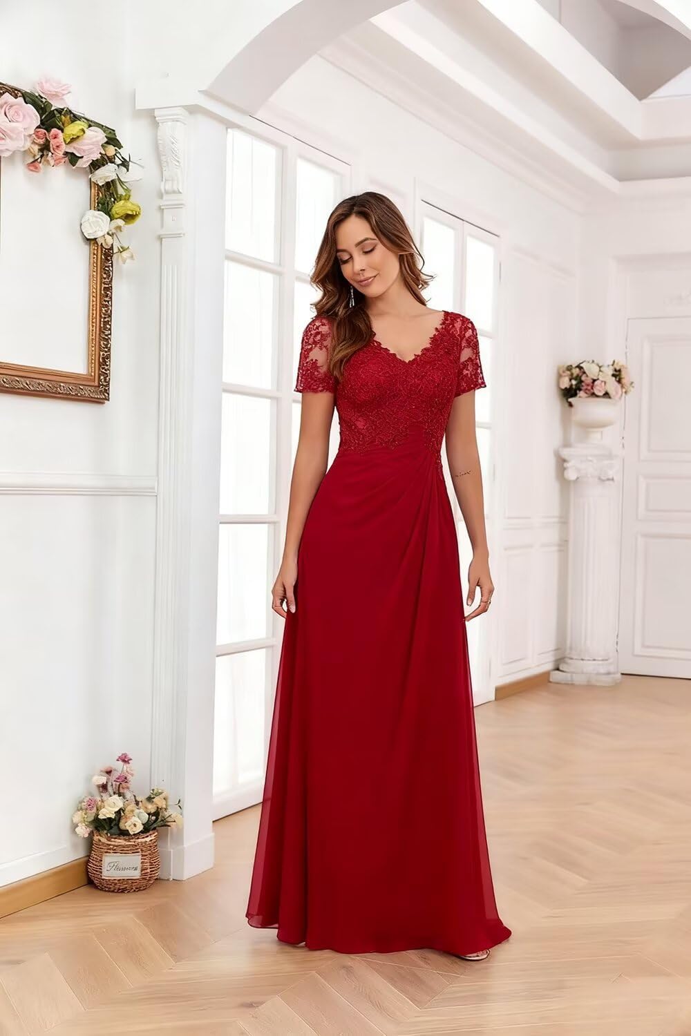 Chiffon Mother of The Bride Dresses Laces Appliques V-Neck Pleated Mother Bride Dresses for Wedding with Sleeves - Image 4