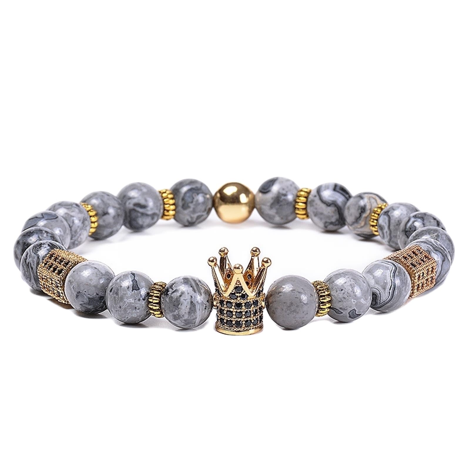 Wycian Armband für Frauen, Zirkonia Armband Herren Perlen Achat Kristall Grau Metalllegierung Elastische Natursteinperlen mit Krone 18cmx8mm Naturstein