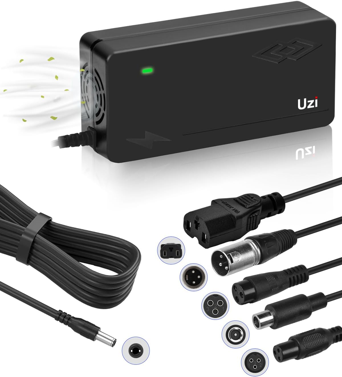 UZI 54.6V 3A Fast Charger (6 Plugs) Universal for 13S 48V Li-ion Battery, H5, Vsett8, XP, Eb7Ebike, V2, KS4, S2/S2R, MAX, GXL, etc.; with 3-Prong GX16/DC 5.5x2.5mm/XLR/IEC/RCA Connector