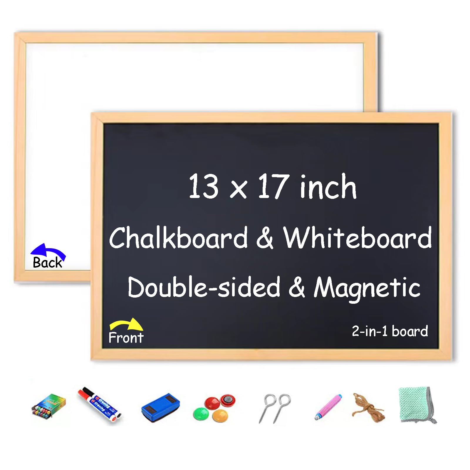 Magnetic Chalkboard 13x17 Double-Sided Chalkboard and Whiteboard 2-in-1 Hanging Wall Wood Framed Decor Blackboard and Dry Erase Whiteboard for Kids, Home, Restaurant