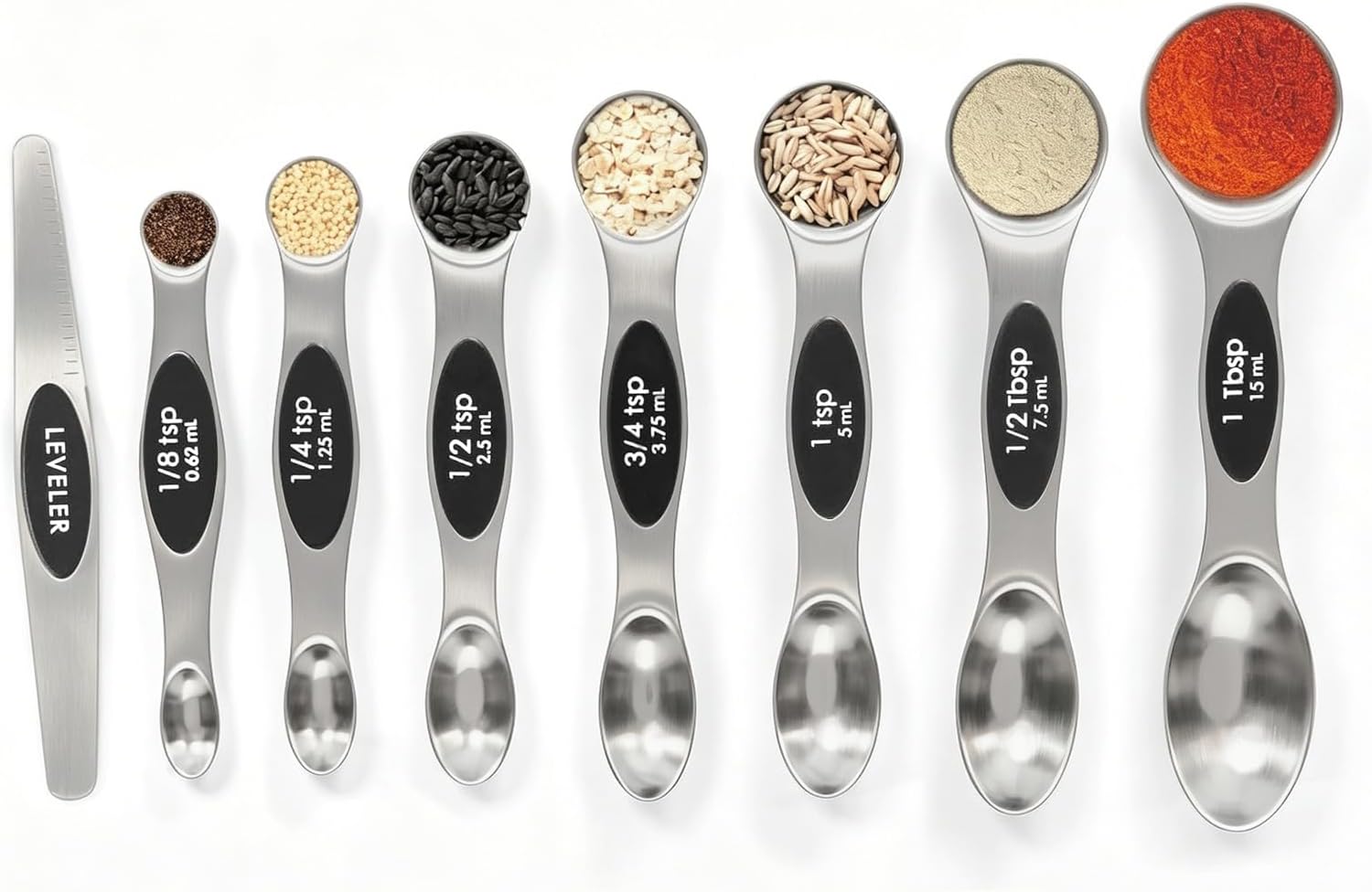 Magnetic Measuring Spoons Set with Leveler, Stackable Stainless Steel Tablespoons for Baking, Fits in Spice Jars