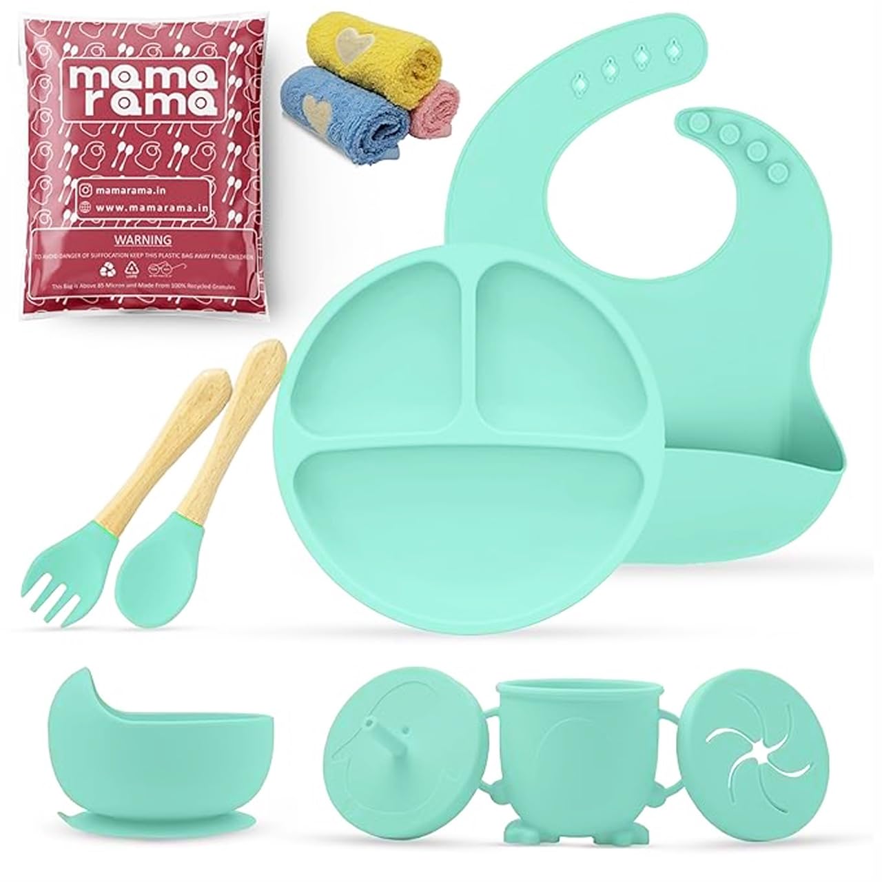 Mamarama 11 Piece Silicone Baby Feeding Set, Complete Mealtime Essentials, Includes Suction Bowl, Plate, Cup with Straw & Snack Lid, Fork, Spoon, Bib, and 3 Napkins for Babies and Toddlers (Mint) (B0D6Z7WQQ1) Amazon Price History, Amazon Price Tracker