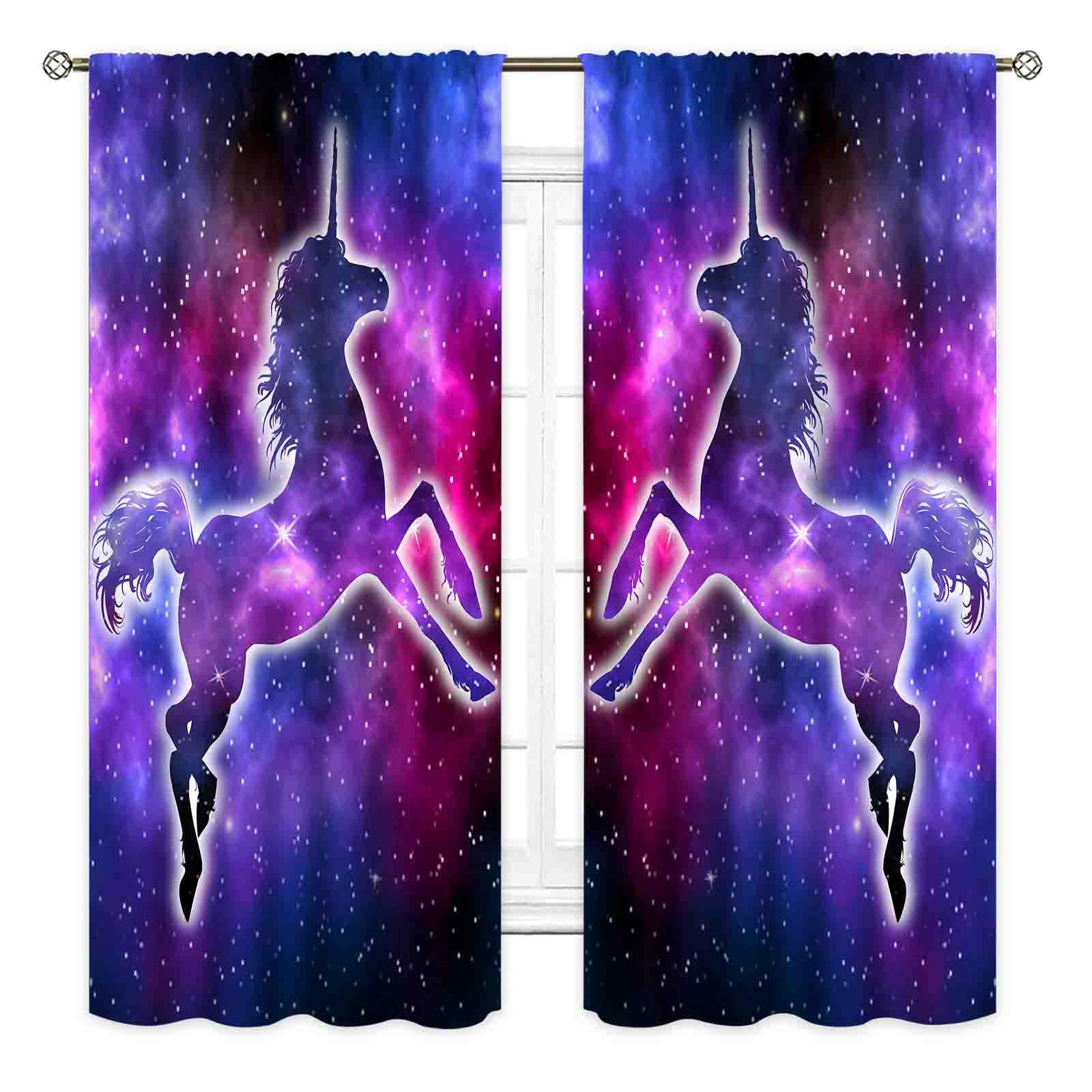 TKUYO Galaxy Curtains, Outer Space Star Celestial Universe Unicorn Curtains Drapes for Girls Bedroom Kids Room Living Room Nursery Puple Unicorn Blackout Window Treatments 2 Panel Sets, 42