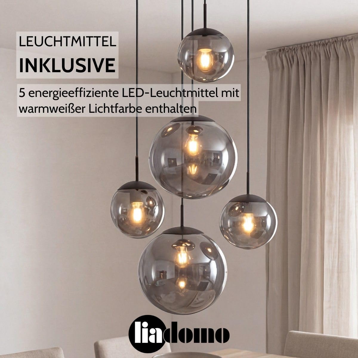 Pendelleuchte Vetro, Glas Hängelampe 5-flammig, rund, Schwarz | Modern, bis 320 cm höhenverstellbar, Esszimmer, Wohnzimmer, Treppenhaus, Ø 38 cm, Rauchglas, Cluster, Leuchtmittel inklusive