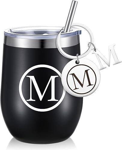Dandat Vaso de vino personalizado con llavero personalizado, taza inicial de viaje de acero inoxidable negro de 12 onzas con tapa y popote para
