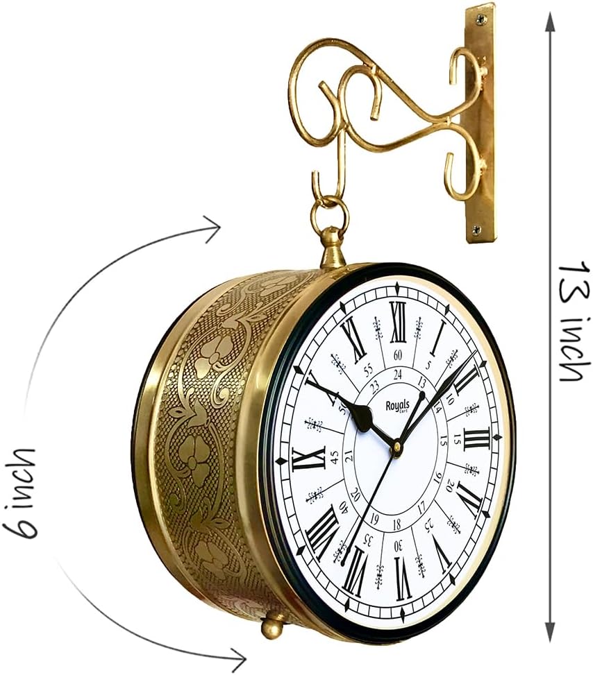 Double Sided Metal Vintage Station Analog Hanging Wall Clock for Home and Living Room with Antique Golden and 24 Hours Dials on Both Sides [KTWCGR6]