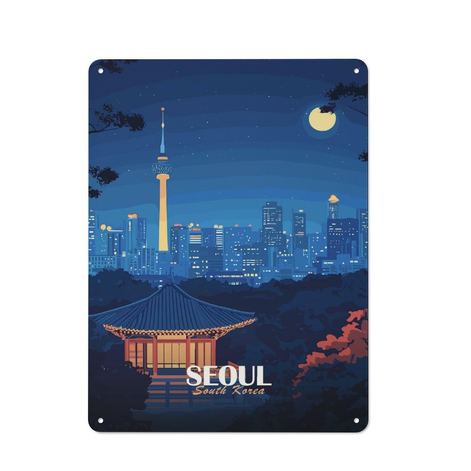 Junmoney Style-23 Retro Metal Wall Sign 40X30cm With Seoul Cityscape At Night For Workshop Wall, For Kitchen, Dining Room And Home Bar Wall Decor