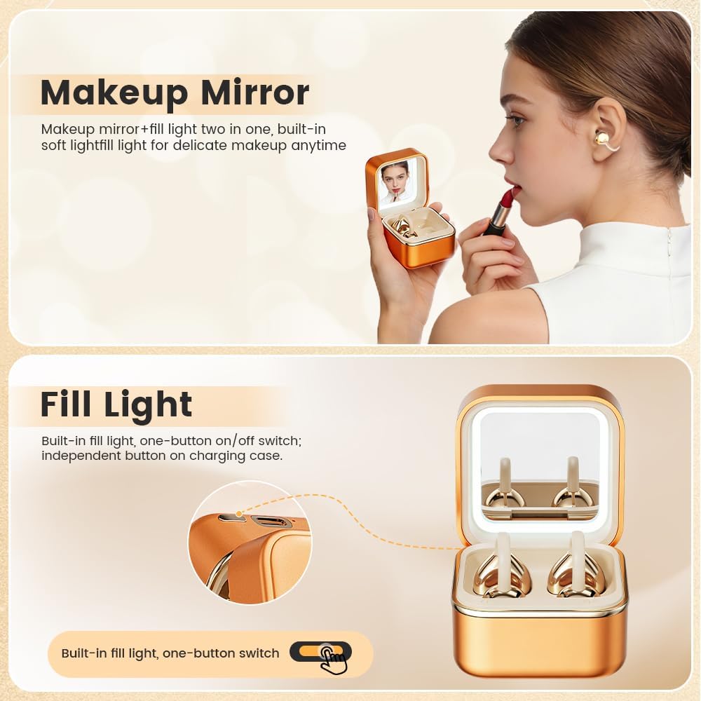 Clip On Ear Headphones with a Makeup Mirror, Open Ear Earbuds Wireless Bluetooth Earbuds,Ultra-Long Battery Life, for Android/iOS Phones (Orange Color)