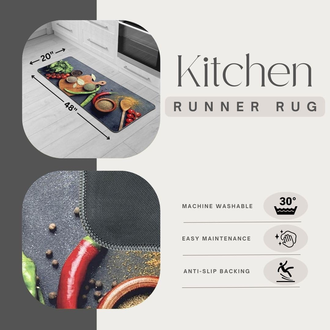 EVIDECO French Home Goods Decorative Kitchen Runner Rug with Fresh Herbs and Spices Design, 20 x 48 Inches