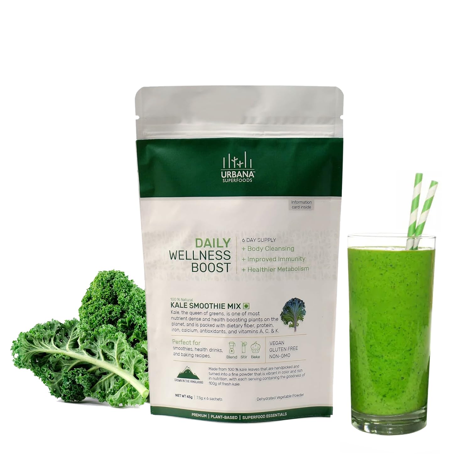 Urbana Superfoods Kale Smoothie Mix 45g Pack- Himalayan Kale Powder,  Organic, Vegan, Non-GMO, Gluten-Free Healthy Addition to Smoothies,  Soups,