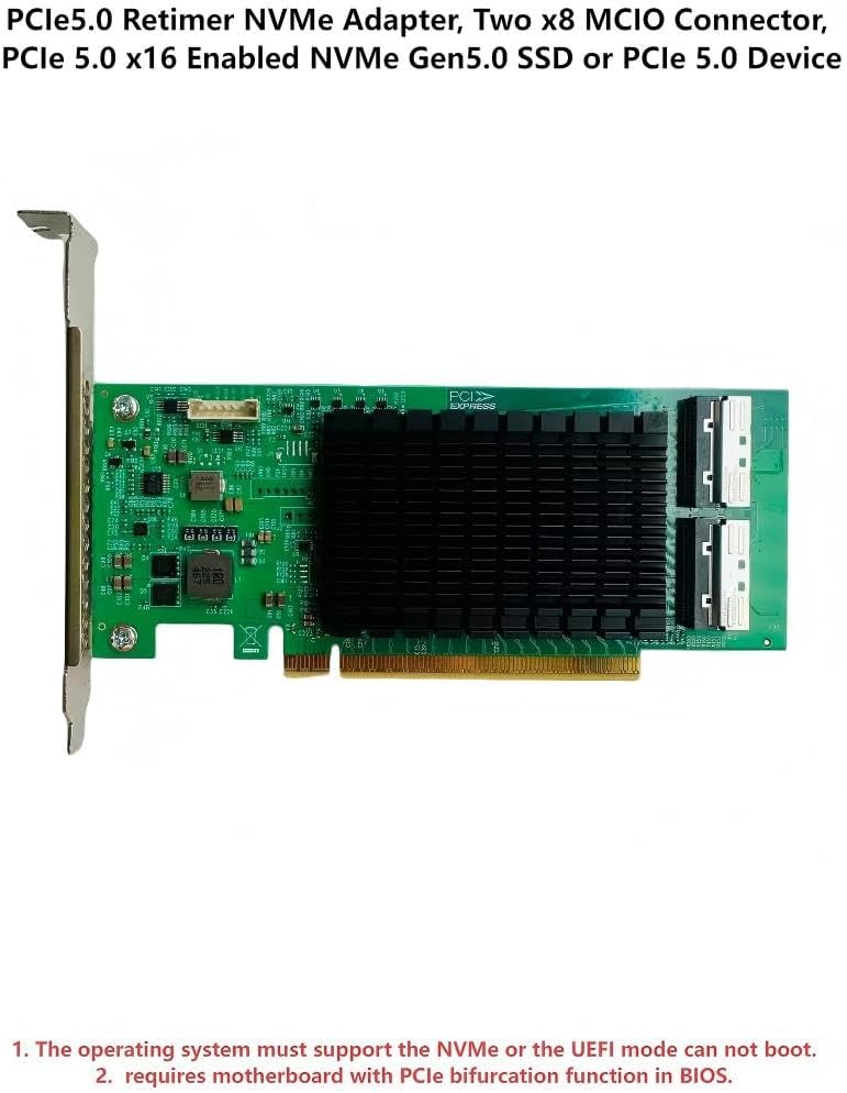 PCIe5.0 Retimer NVMe Adapter, Two x8 MCIO Connector, PCIe 5.0 x16 Enabled NVMe Gen5.0 SSD or PCIe 5.0 Device