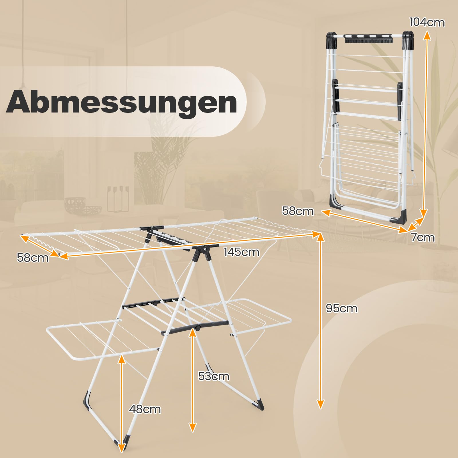 COSTWAY Wäscheständer klappbar, Wäschetrockner ausziehbar mit 2 Ebenen, Standtrockner höhenverstellbar mit Flügeln & Schuhablage, Trockenständer Wäscheturm für Innen & Außenbereich - Image 5