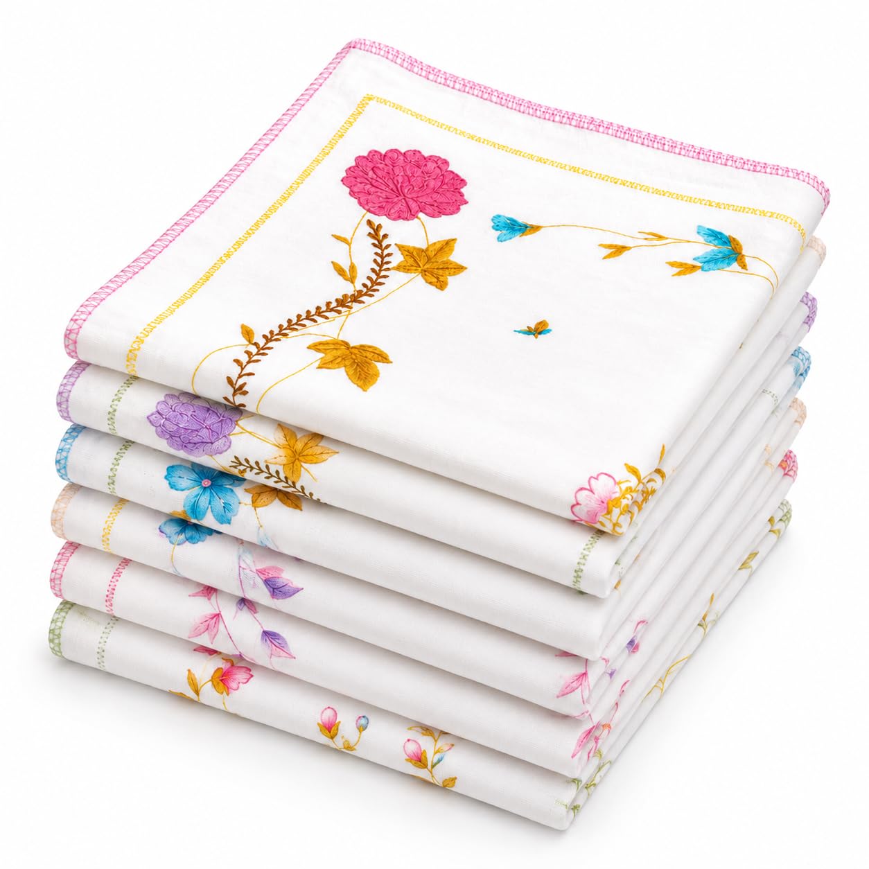Floral Cotton Handkerchiefs for Women, Decorative Border Design, Pack of 6, White printed cotton handkerchief-image-22