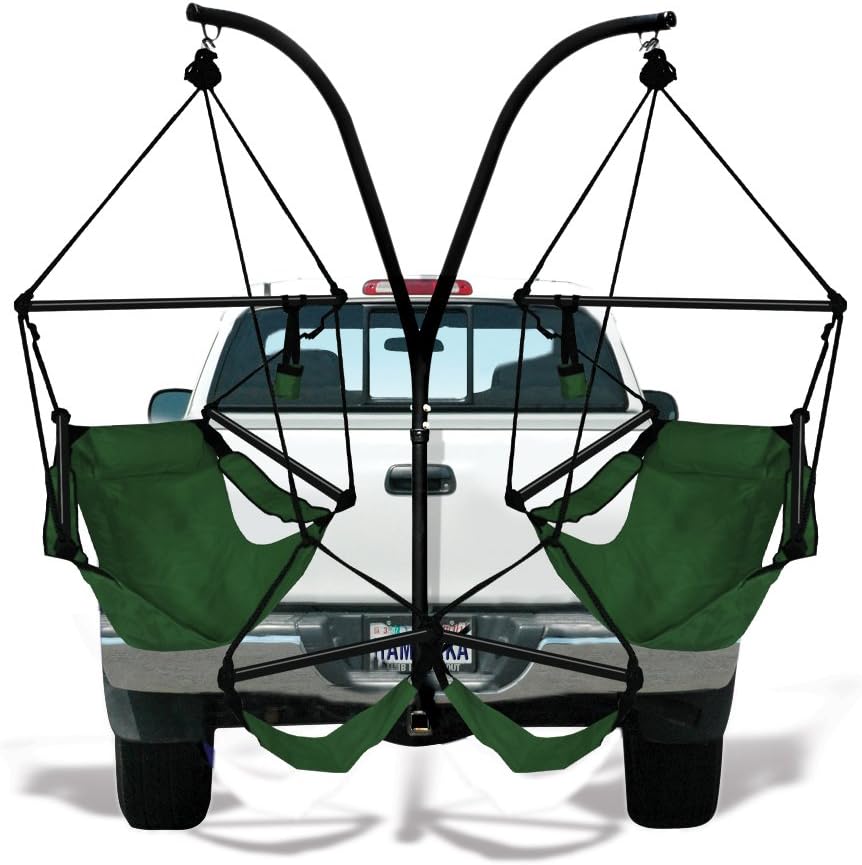 Trailer Hitch Stand and 2 Green Hammaka Chairs Combo - Aluminum Dowels