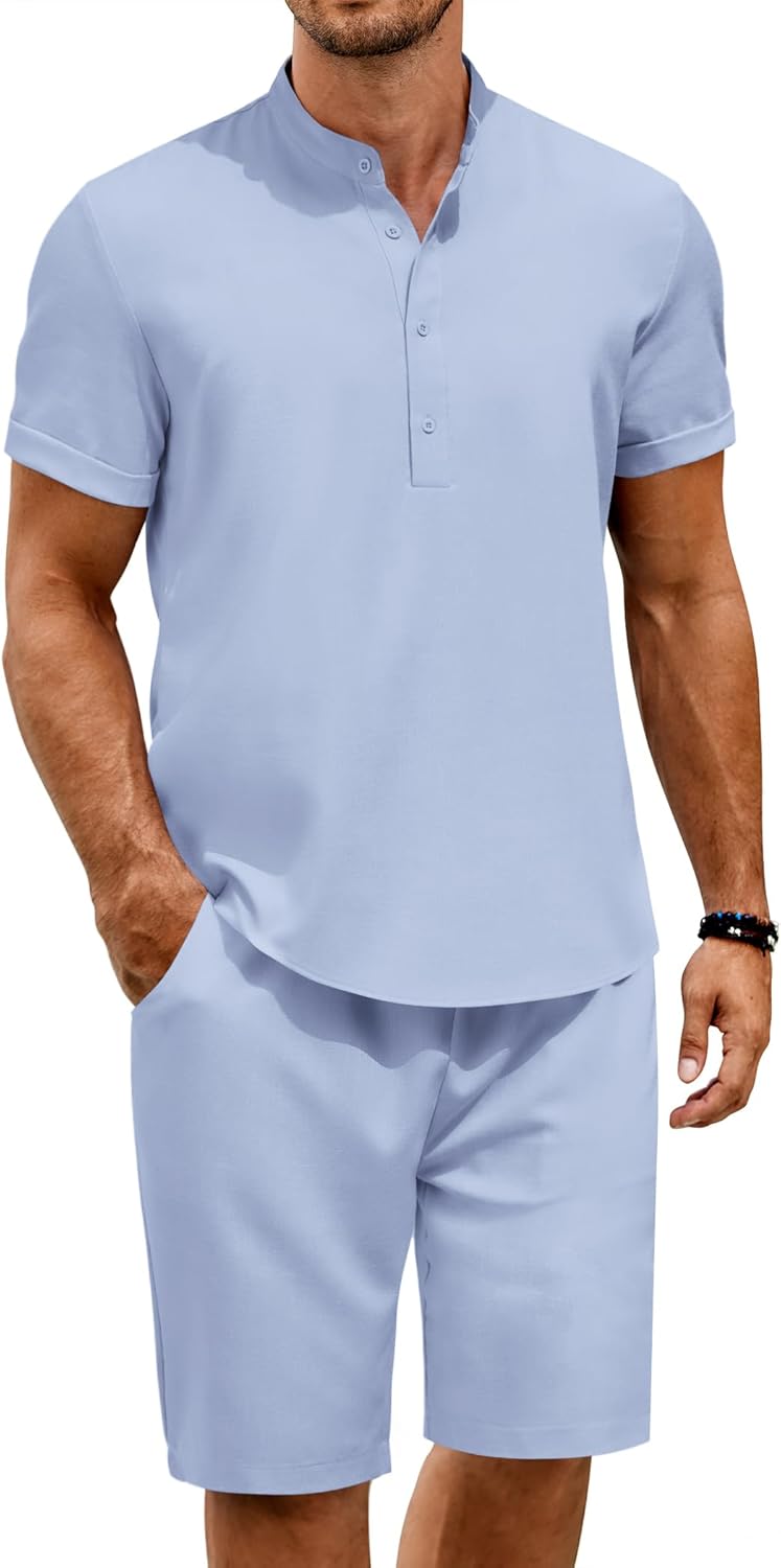 COOFANDY Men's 2 Pieces Set Short Sleeve Henley Shirts and Shorts Pants Texture Summer Beach Vacation Outfits