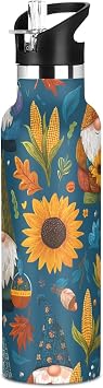Kids Water Bottle Stainless Steel Insulated Bottle With Straw Leak Proof Vacuum For School Travel Sports Autumn Truck Gnomes Blue