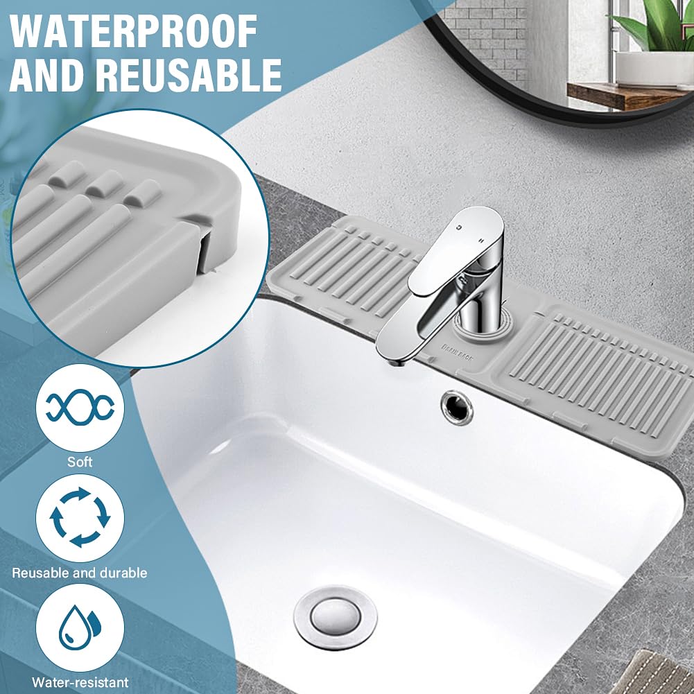 Foldable Silicone Sink Splash Guard Mat - 17.52x5.51 Inch Faucet Drip Catcher & Sponge Holder (Grey)