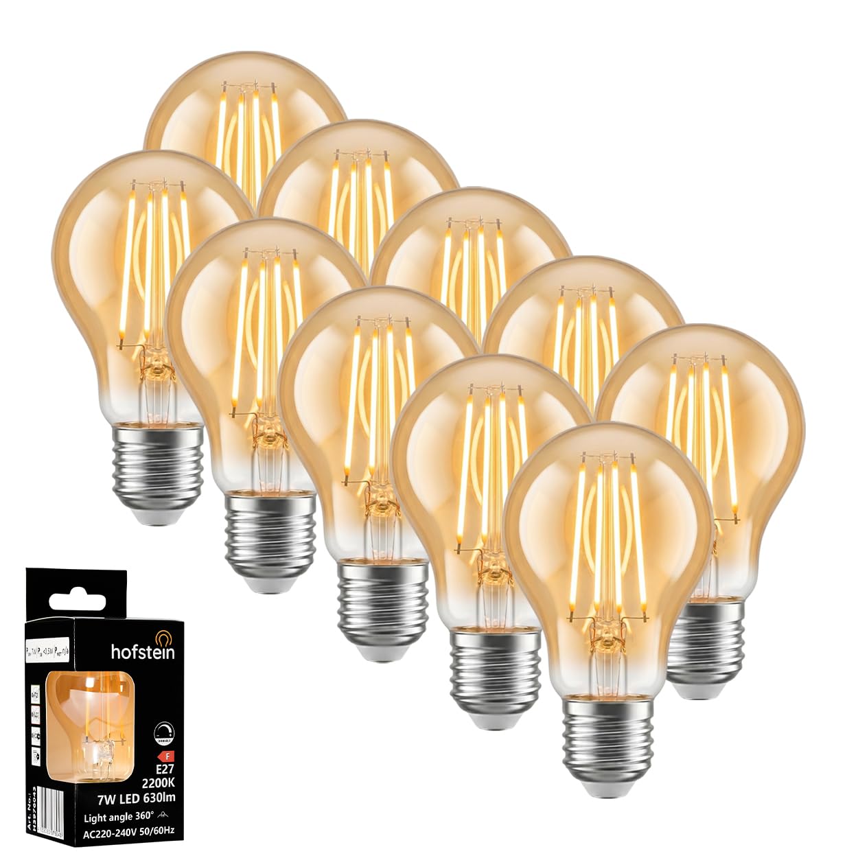 HOFSTEIN E27 LED Warmweiss Glühbirne E27 10er Set Amber, Bernsteinfarbenes dimmbares Leuchtmittel Vintage Look 7 Watt, 2200 Kelvin 730 Lumen A60 Gemütliches Licht Für Wohnraum und Deko