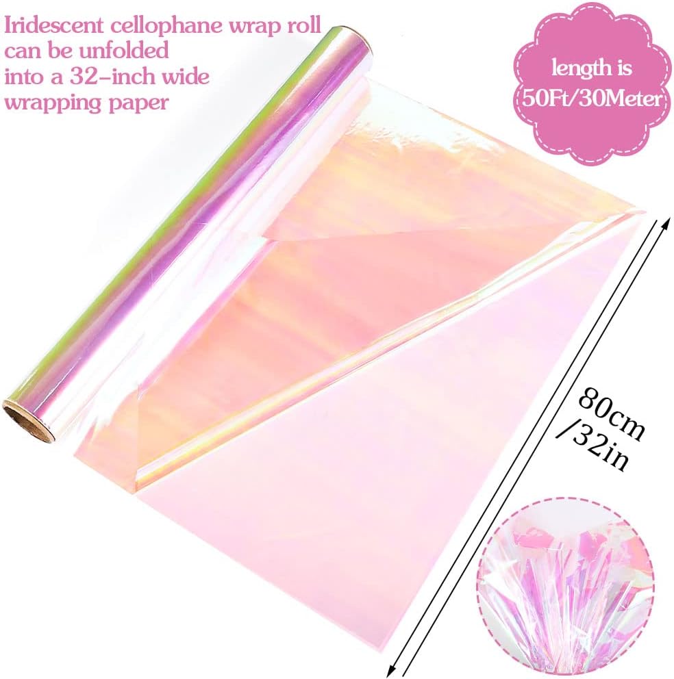 Pengxiaomei 32in x 50 Ft Iridescent Cellophane Wrap for Gift Baskets Flower Wrapping Paper Holographic Cellophane Wrap Roll for Gift Floral Bouquet Wrapping : Health & Household