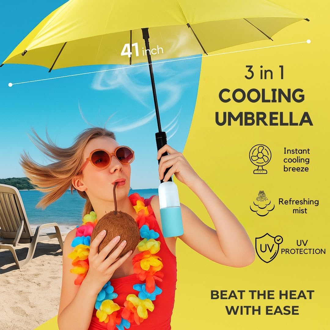 Umbrella Fan, Misting Umbrella with Fan and Mist Spray, Water Mist, Air Mister, UV Blocking Sun Protection, Cooling Portable Shade, Handheld Summer Sunshade, Beach, Golf Yellow