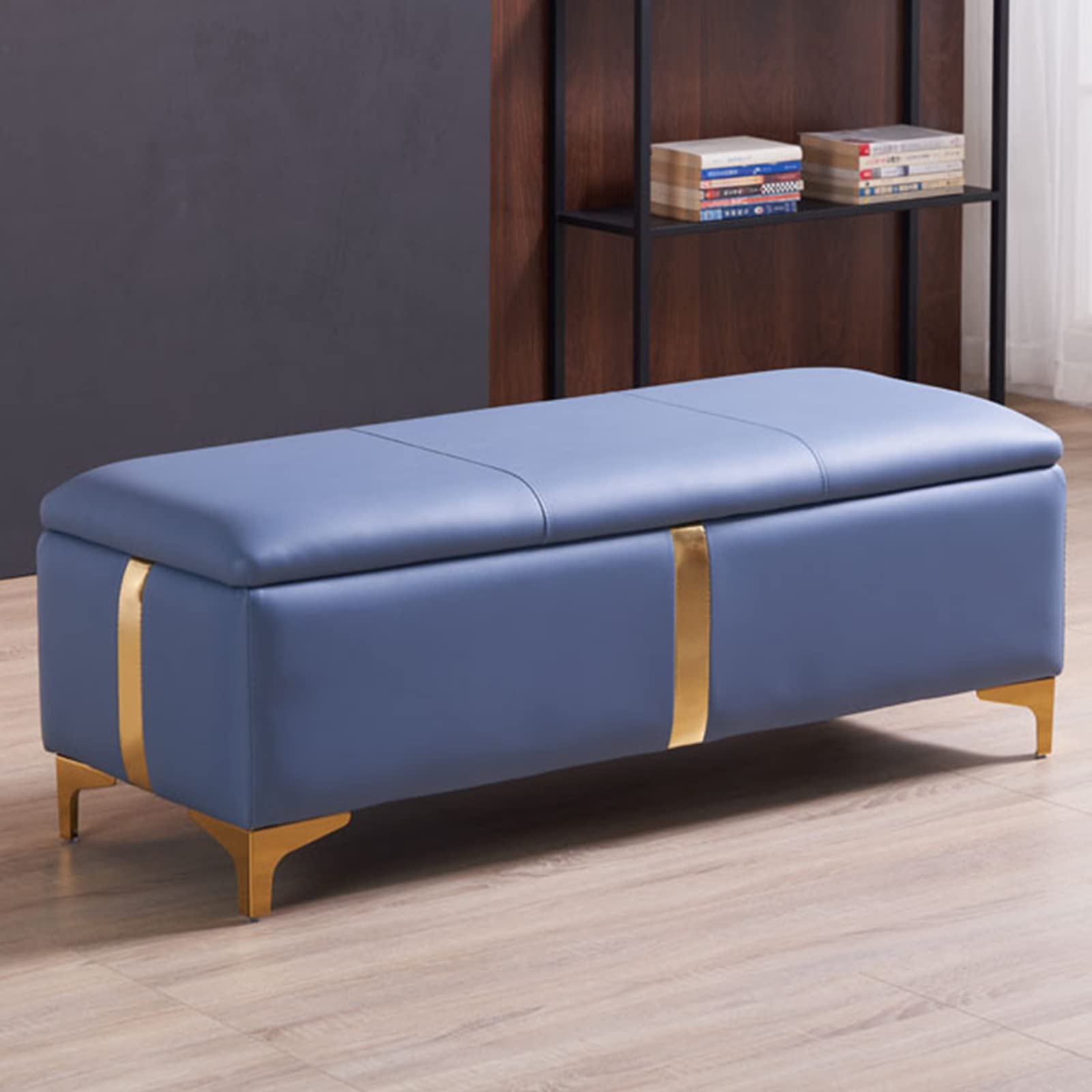 Banc de rangement rembourré bleu pour gagner de la place | Pouf de chambre