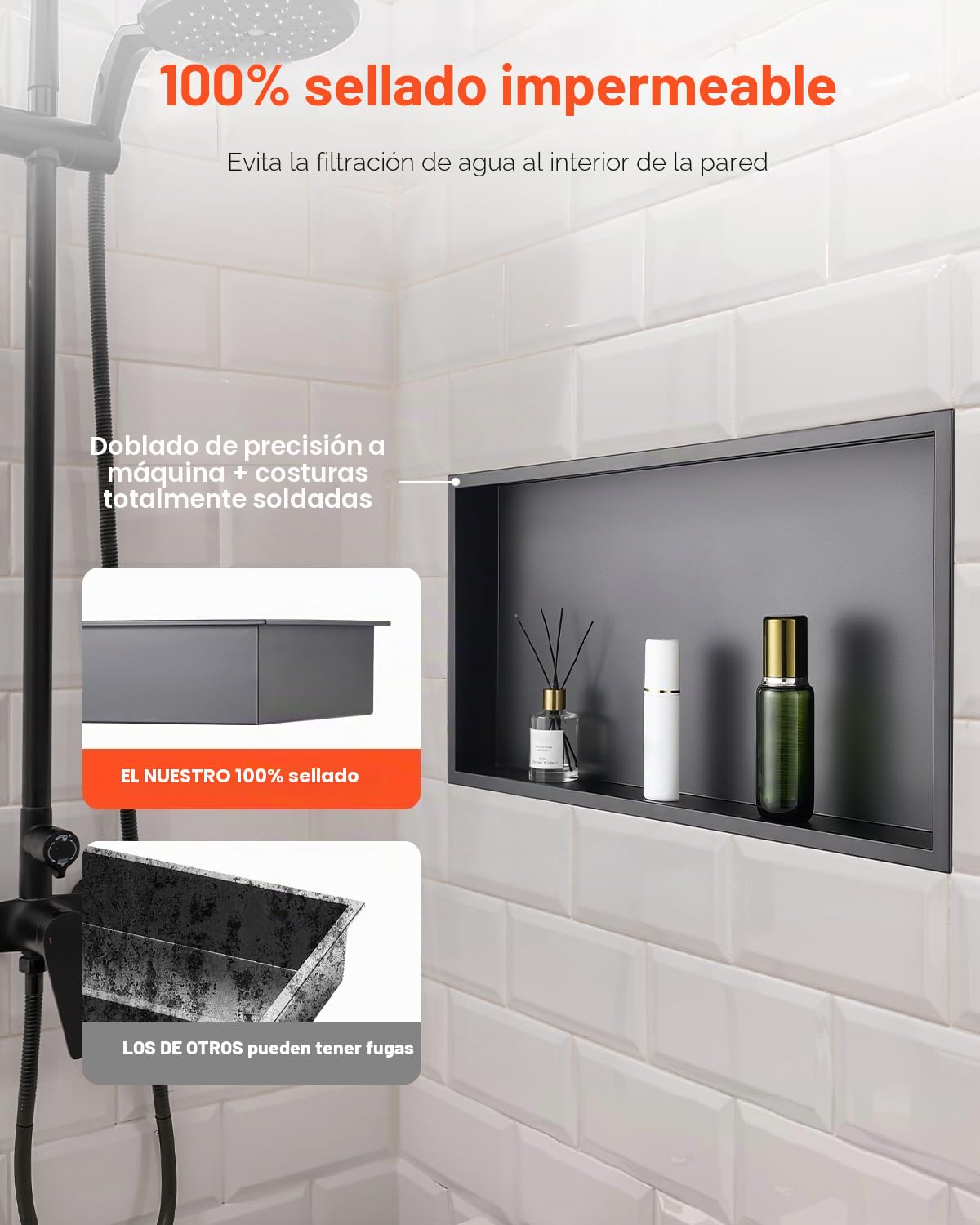 VEVOR Nicho de Ducha Empotrado 33x63,5x10,2 cm Estante Divisor de Pared de Acero Inoxidable Organizador de Jabón y Champú con Marco Sellado Impermeable Duradero Fácil de Instalar para Baño, Negro