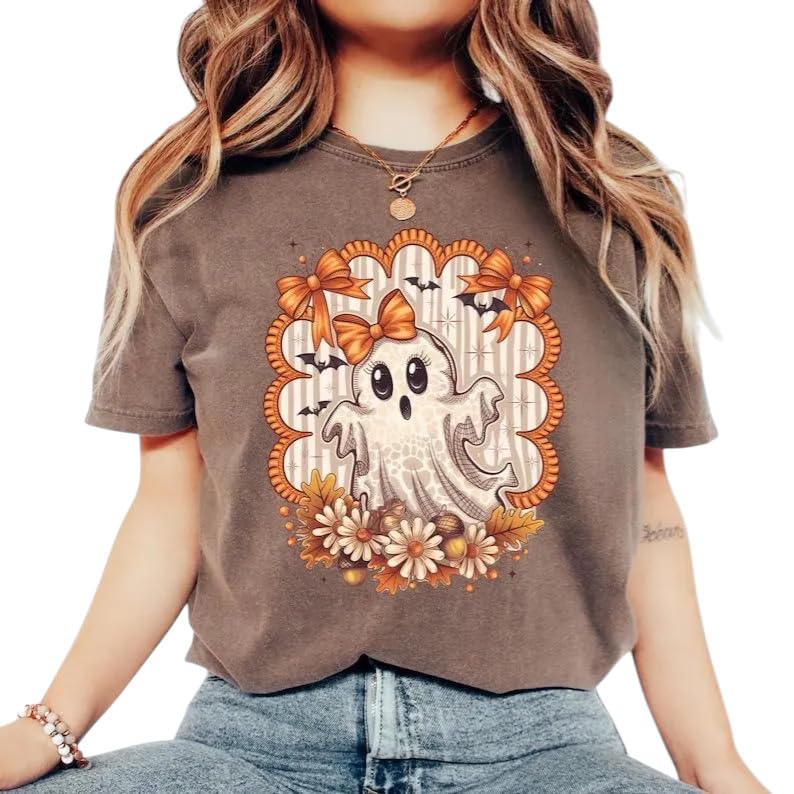 Vintage Floral Ghost Halloween Shirt – Cute Spooky Fall Graphic Tee – Bow Aesthetic Comfort Colors T-Shirt2