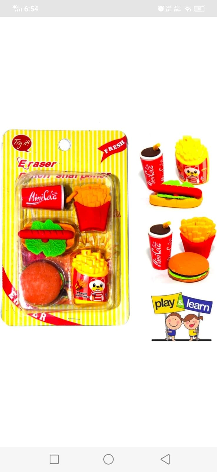 AARNASHOPPE Set of 5 Pcs Fast Food Burger French Fries Hotdog Erasers Junk Food Funky Erasers and 1 Sharpener for Kids Educational Stationary Kit for Kids, Birthday Return Gift (2 Pack)