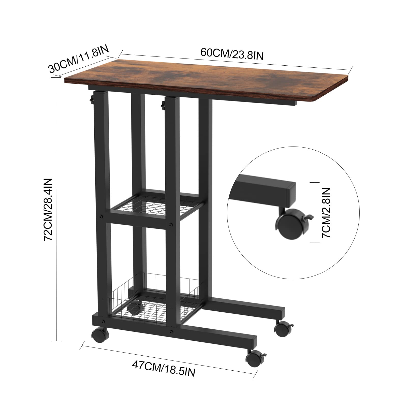 Regulowany stolik pomocniczy CSd z półkami, 60 x 30 x 6590 cm, brązowy metal, stolik nocny na kółkach, mała sofa, stół, salon, biurko, nowoczesny design