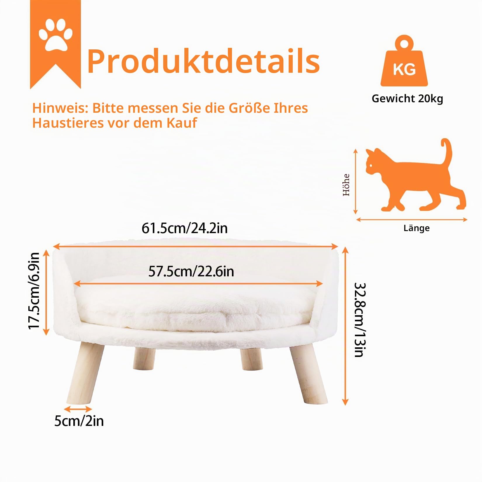 BingoPaw Hundesofa Hundecouch für kleine Hunde, erhöhtes Haustiersofa Hundebett mit Plüsch Hundekissen, katzensofa große Katzen, 61.5×32.8cm weiß