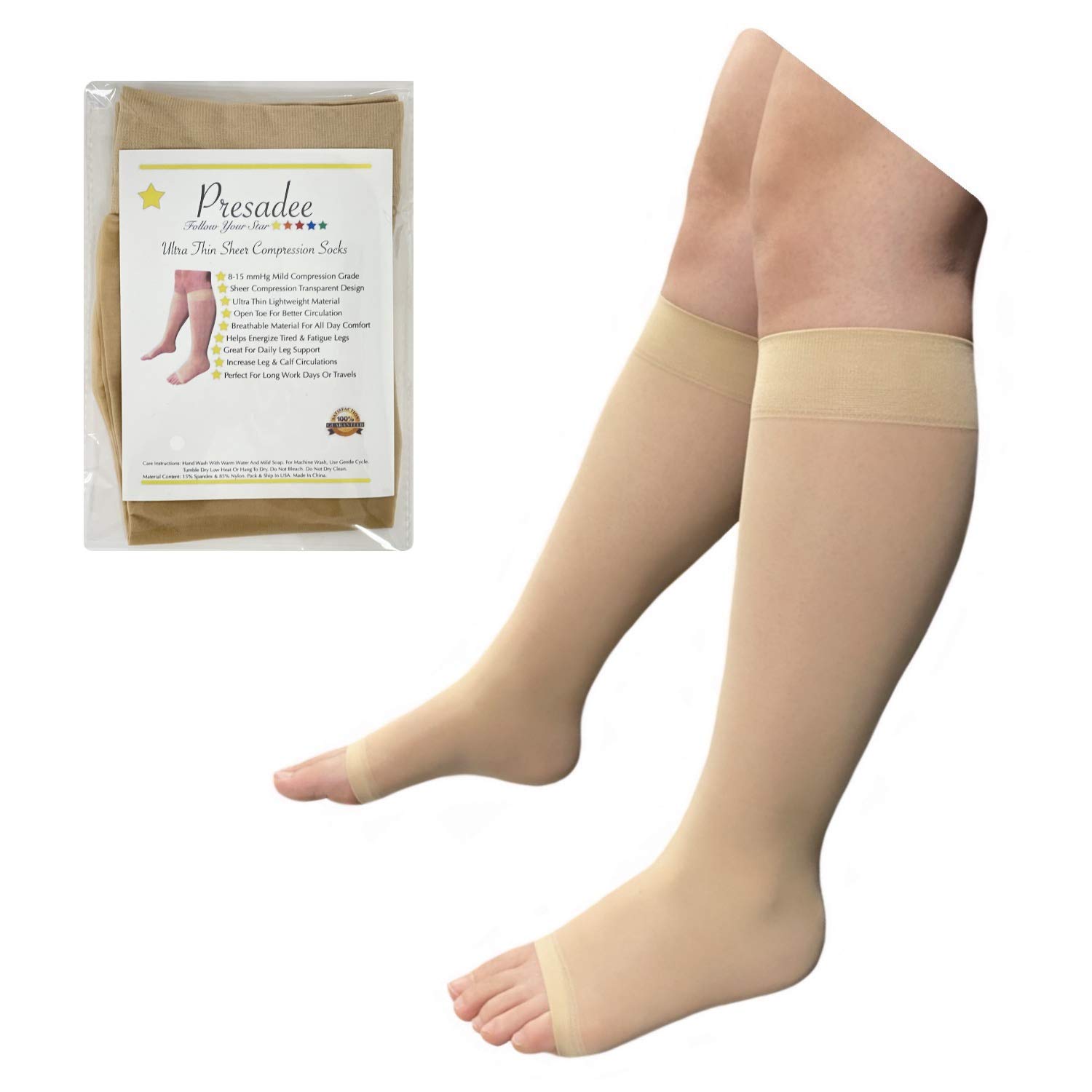 Presadee Ultra Thin 8-15 mmHg Mild Sheer Compression Leg Calf Open Toe Socks