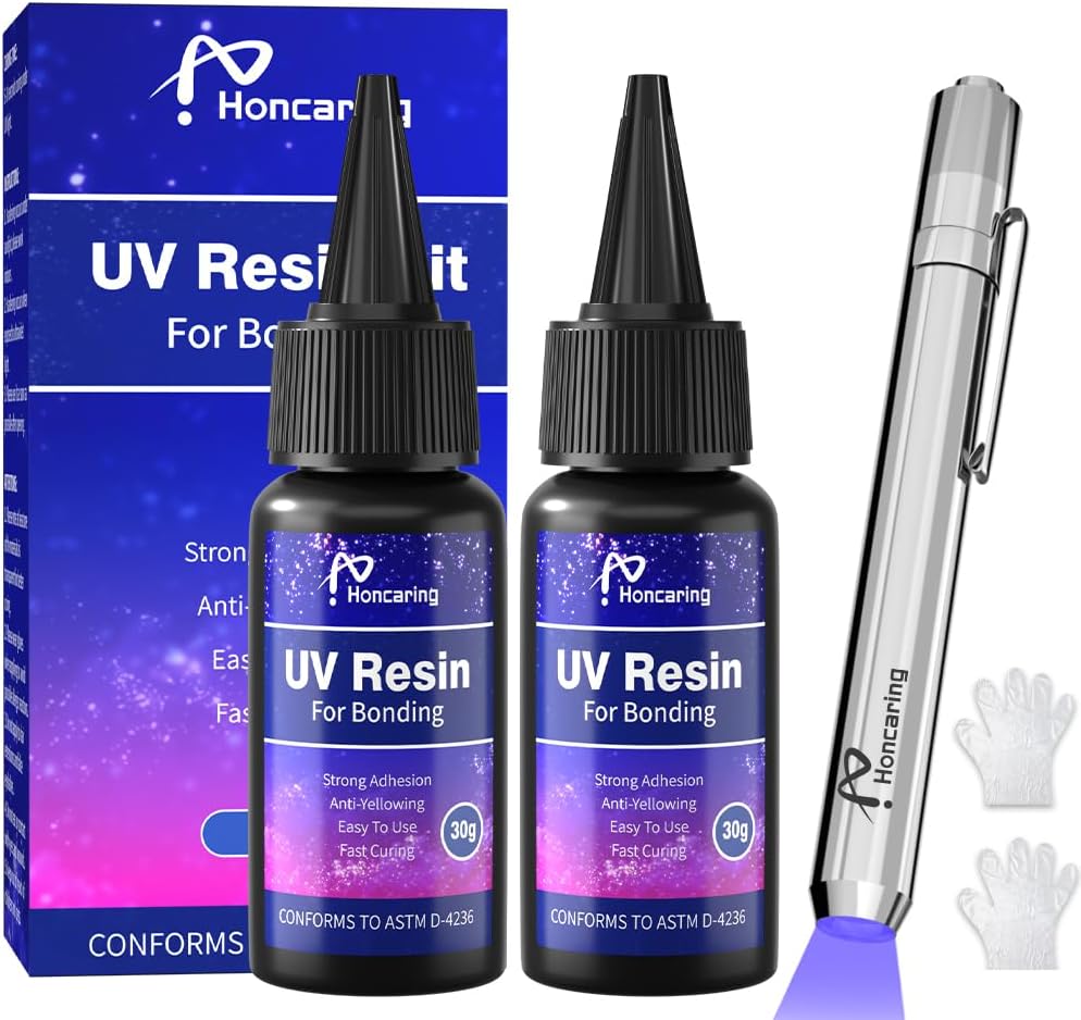 - Honcaring UV Resin Kit with Light, 60g/2oz Fast Drying Beginner-Friendly Kit, Bonding & Repairing in Seconds, 30g*2 Clear UV Glue with UV Penlight for Resin, Plastic, Glass, Acrylic