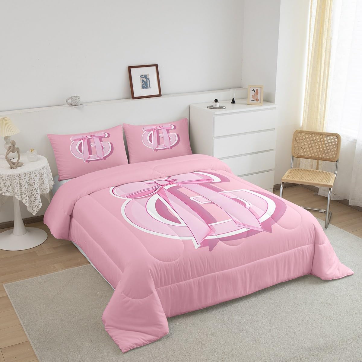 jejeloiu Dreamy Bow Bedding Set, Queen Size, Decor Gifts for Women Teen Girl Ultra Soft Initial Letter G Bedding Set, Monogrammed Comforter Kawaii Pink,Duvet Set Room Decor Unique Quilt Set