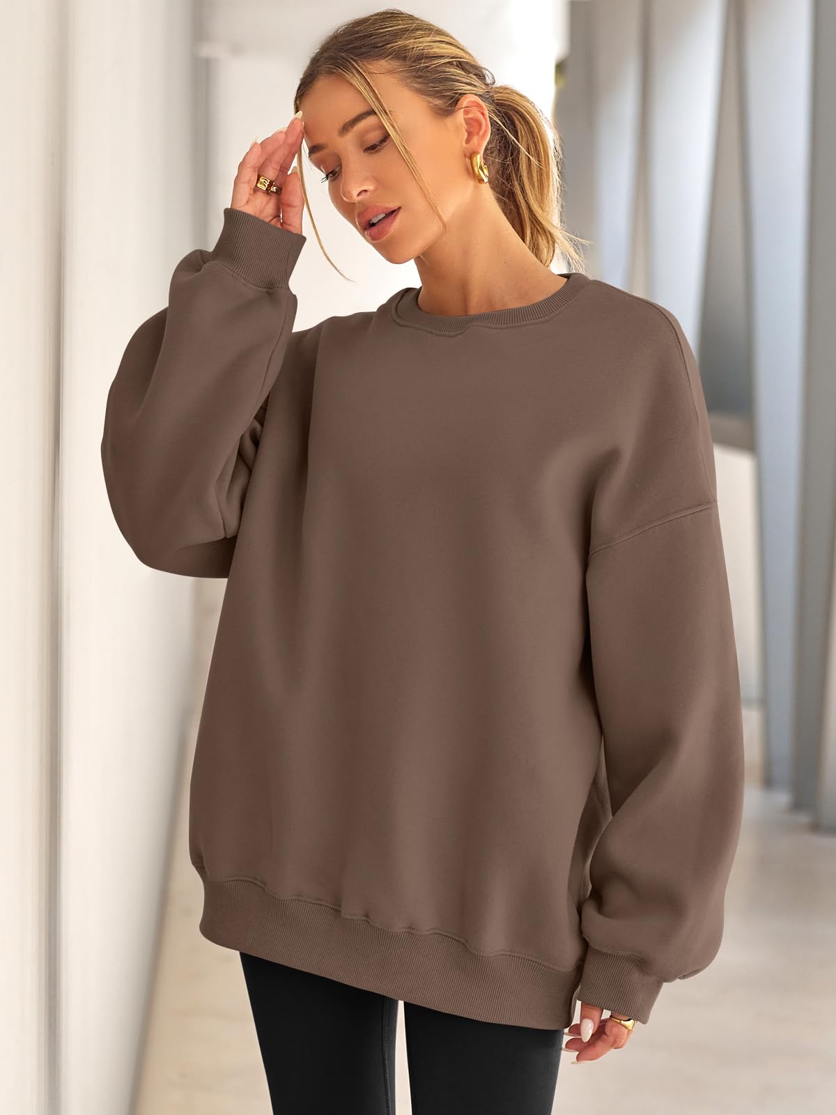 EFAN Sudadera con Capucha de Gran tamaño de Forro Polar de Manga Larga con Cuello Redondo para Mujer