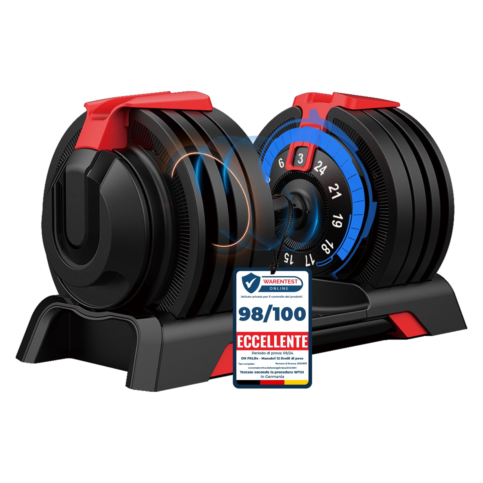 DH FitLife 24 kg Adjustable Dumbbells from 3 to 24 kg with 12 Weight Levels, Dumbbell Set with Weight Plates, Adjustable Short Dumbbells, Variable Weights 12 in 1