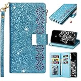 Nadoli Ledertasche für Samsung Galaxy A31,9 Kartenfächer Entwurf Blumen Reißverschluss Glänzend Bling Funkeln Magnetverschluss Brieftasche Hülle Etui mit Standfunktion